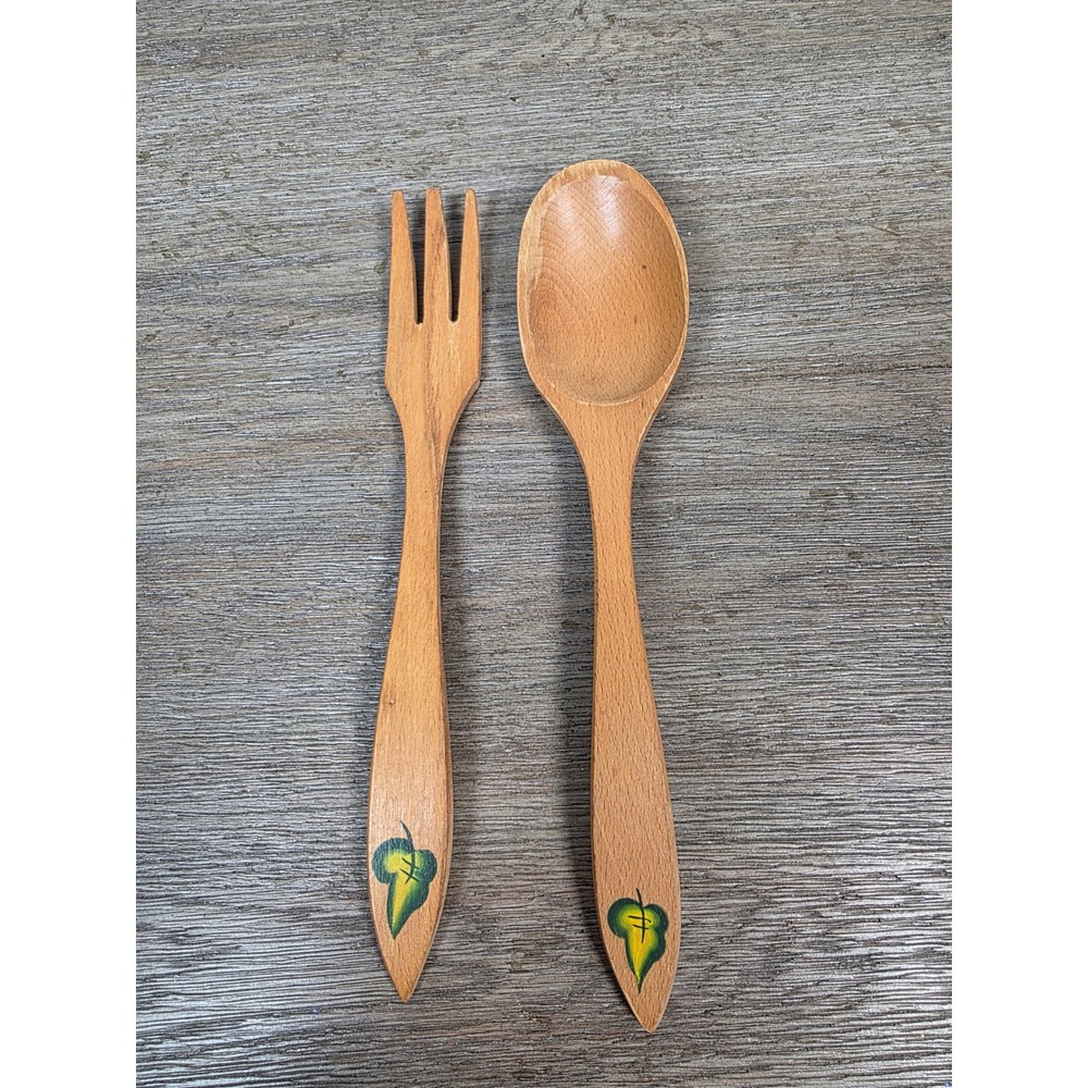 Vintage Hand Carved Wooden Salad Spoon Fork Serving Set Hand Painted Leaf Detail